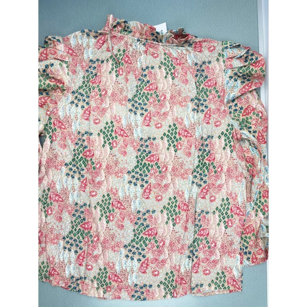 LOFT WOMEN Garden Cinched Sleeve Ruffle Tie Neck Mixed Media Top M